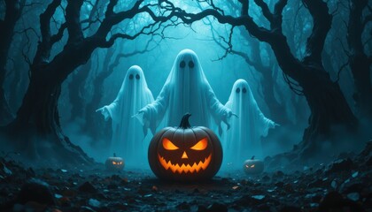 Dark Halloween-themed digital artwork featuring three ethereal white ghosts emerging from a misty forest
