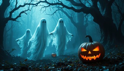 Dark Halloween-themed digital artwork featuring three ethereal white ghosts emerging from a misty forest