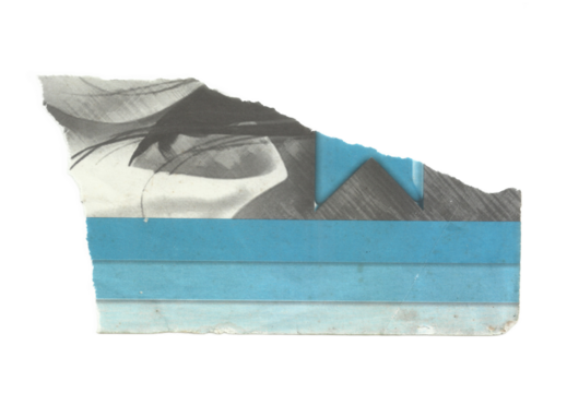 Torn Paper Collage with Grayscale Pattern and Blue Geometric Layers on Transparent Background