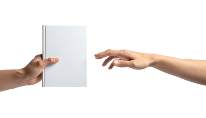 Two hands, one holding a blank white book, the other reaching toward it. Black background
