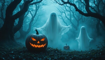 Dark Halloween-themed digital artwork featuring three ethereal white ghosts emerging from a misty forest