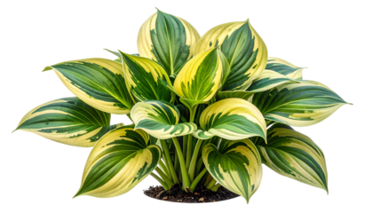 A lush plant features large, variegated leaves of green and yellow, against a black background