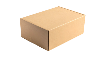 A simple, rectangular cardboard box on a black background, isolated, slightly angled