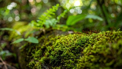 Close-up of moss and ferns growing on a damp forest log in a shaded temperate rainforest with soft diffused light