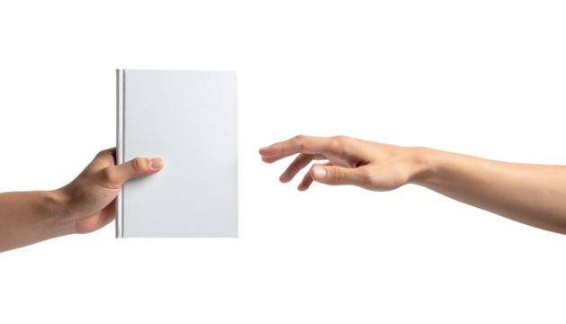 Two hands, one holding a blank white book, the other reaching toward it. Black background