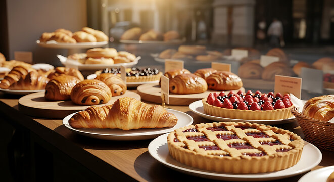 Assortment of freshly baked pastries and fruit tarts displayed on a wooden counter in a bakery
