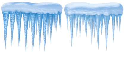 Two realistic, detailed clusters of blue and white icicles hanging from a dark, transparent background