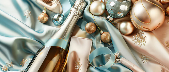 Luxurious Christmas or New Year setup with champagne bottle, glass, and sparkling ornaments on pastel satin fabric background.