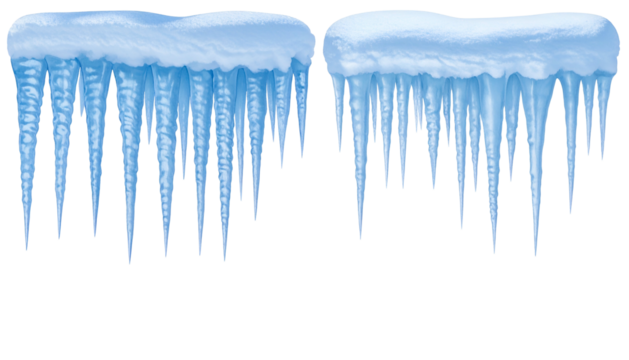Two realistic, detailed clusters of blue and white icicles hanging from a dark, transparent background