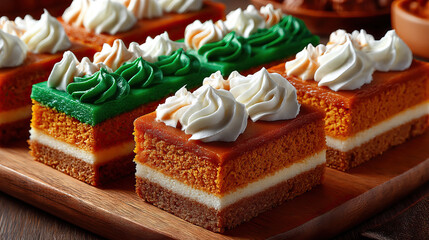 Winter dessert creation featuring layered sponge cake with cream frosting and green and white piped icing creating festive elegant treat