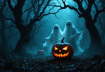 Dark Halloween-themed digital artwork featuring three ethereal white ghosts emerging from a misty forest