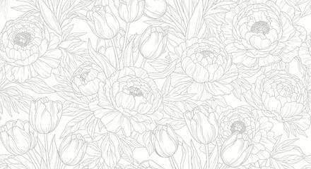 Elegant botanical line art pattern concept showcasing delicate seamless flower illustrations, perfect for sophisticated backgrounds, fabric designs, and charming decorative paper