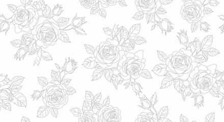 Elegant seamless pattern of delicate line art roses and blooming flower buds, ideal for fabric, invitations, and decorative backgrounds, evoking a vintage botanical charm
