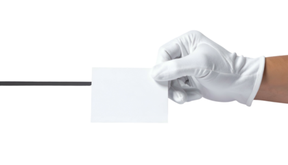 A gloved hand holds a blank white card against a black background, arm partially visible