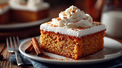 Spiced cake square with whipped cream and cinnamon dusting winter dessert creation combining moist crumb warm spice and creamy topping evoking cozy comfort and seasonal indulgence