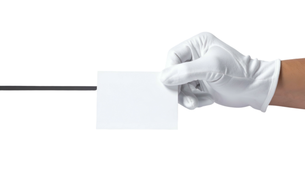 A gloved hand holds a blank white card against a black background, arm partially visible