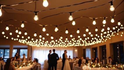 Elegant wedding reception venue decorated with strung fairy lights