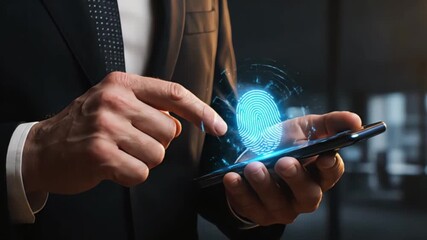 Businessman Utilizing Fingerprint Scan on Smartphone for Biometric Security and Digital Identity Authentication in a Secure Futuristic Technology Concept - Powered by Adobe