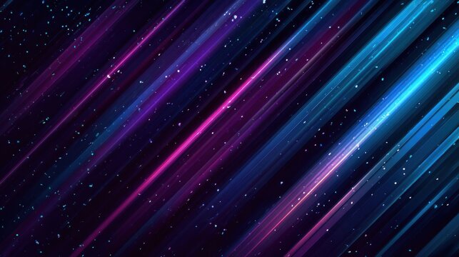 Vibrant diagonal light beams in shades of purple blue and pink streak across a dark starry backdrop