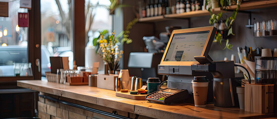 Contemporary coffee shop interior featuring a wooden counter with a touchscreen POS terminal, card reader, and cozy decor elements.