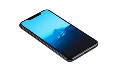 Sleek, modern, handheld touchscreen device displays a blue mountain scene against a black backdrop