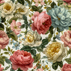 A vintage-inspired seamless pattern featuring soft pastel roses, peonies