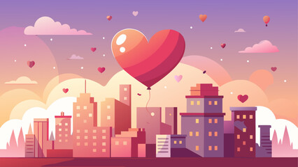 Fototapeta premium Heart balloon over city skyline at sunset on transparent background silhouette