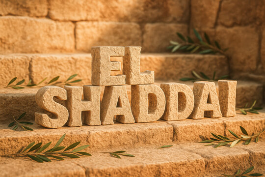 El Shaddai Stone Letters on Ancient Steps with Olive Branches. 