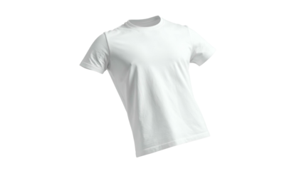 Isolated plain white short-sleeved t-shirt angled against a black background
