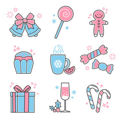 Christmas icon set. Color red and blue. Bells, candy, biscuit, cup, present, champagne. A collection of high-quality holiday pictograms in a modern flat style. Vector illustration 