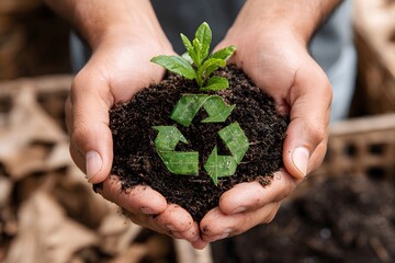 Hands hold dirt with green sprout and recycle symbol grows.