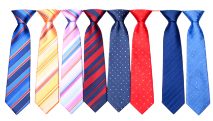 A collection of colorful, patterned neckties in various styles, arranged side-by-side