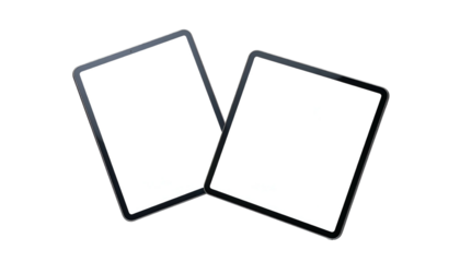 Two blank screen, rectangular electronic devices overlap on black background