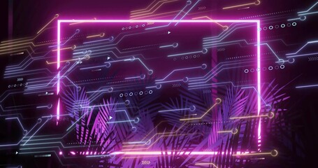 Displaying neon pink frame in digital lounge, showing circuitry with purple palm silhouettes
