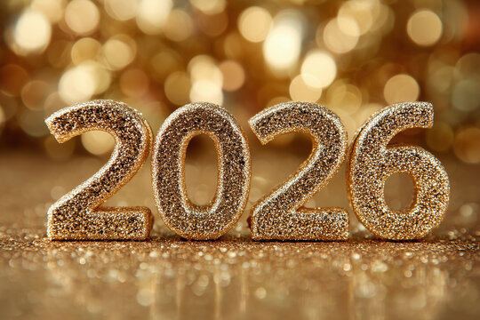 A large number of gold letters spelling out the number 2026 - Powered by Adobe