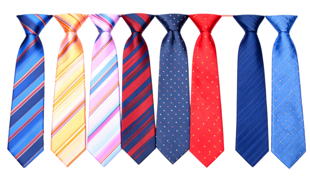 A collection of colorful, patterned neckties in various styles, arranged side-by-side