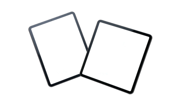 Two blank screen, rectangular electronic devices overlap on black background