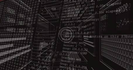 Rendering code tunnel streaming console output data in virtual server room, with IP address entries