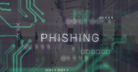 Displaying uppercase PHISHING overlay warning in secured data center corridor, with server racks