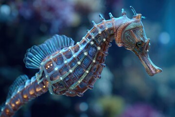 A captivating close-up of a seahorse gracefully swimming in a vibrant aquatic habitat, showing intricate details and textures.