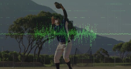 Leaping baseball player reaching with glove catching ball in outfield, digital waveform overlay
