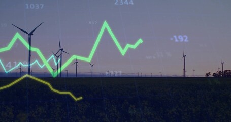 Displaying wind turbines stretching across field at dusk, with glowing green and yellow line graphs