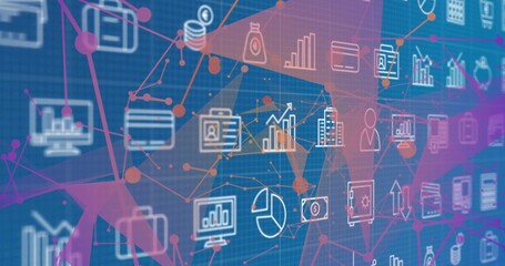 Displaying network nodes on blue grid interface, featuring white financial and analytics icons