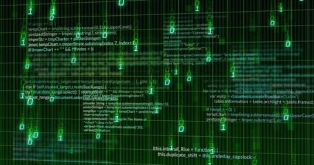 Digital code text streaming in virtual grid, with bits, neon-green grids and hexadecimal overlays
