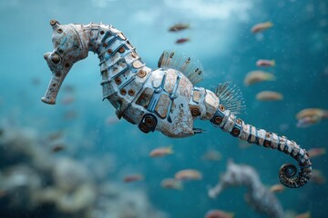 A unique seahorse swimming gracefully in the ocean. The creature has a unique appearance, with intricate details. 