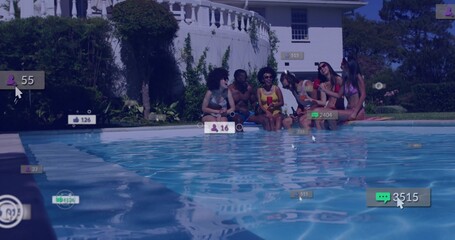 Gathering friends lounging by home pool, holding cups on pink float, scrolling phone notifications