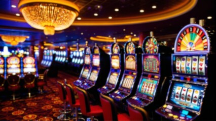 ボケソフトフォーカス背景のカジノ, スロット, 賭博, ベガス, スロットマシン, ジャックポット, ゲーム, お金, 賭け事, 勝つ,
