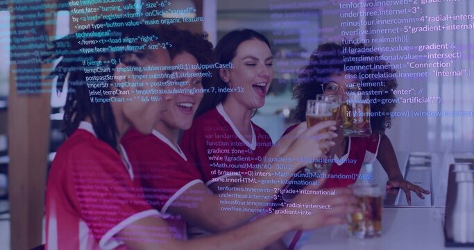 Red jersey friends clinking beer mugs at sports bar counter, with programming code overlay