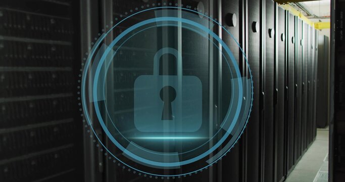 Projecting blue padlock icon with circular UI overlays in data center corridor, with server racks
