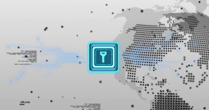 Connecting central key icon with circuit lines to code and world map on interface, cybersecurity